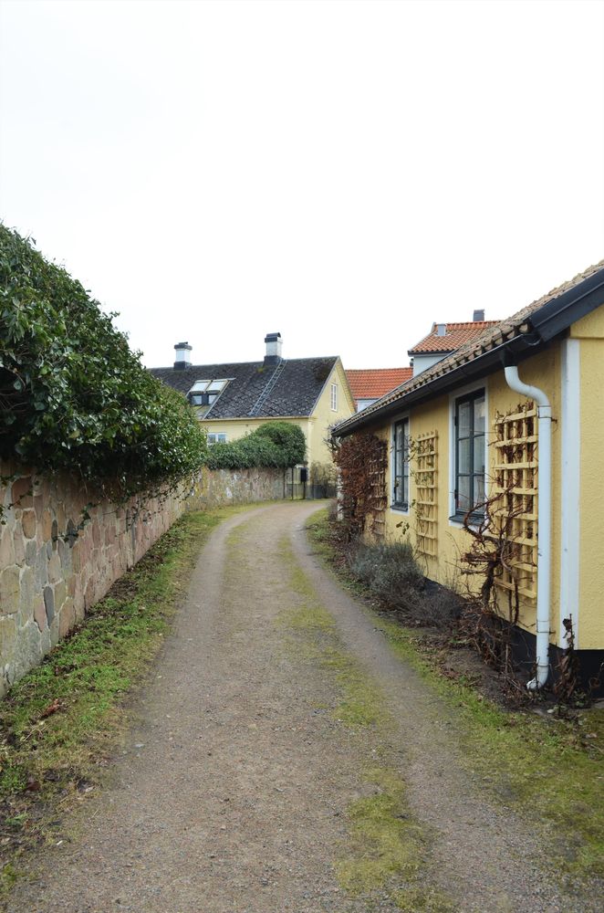 Fexasträdet som vindlande löper från Storgatan ner till Strömmen och hamnområdet. Den smala gatumiljön med grusad väg och de tätt liggande husen är en bevarad miljö från Torekov innan branden 1870.